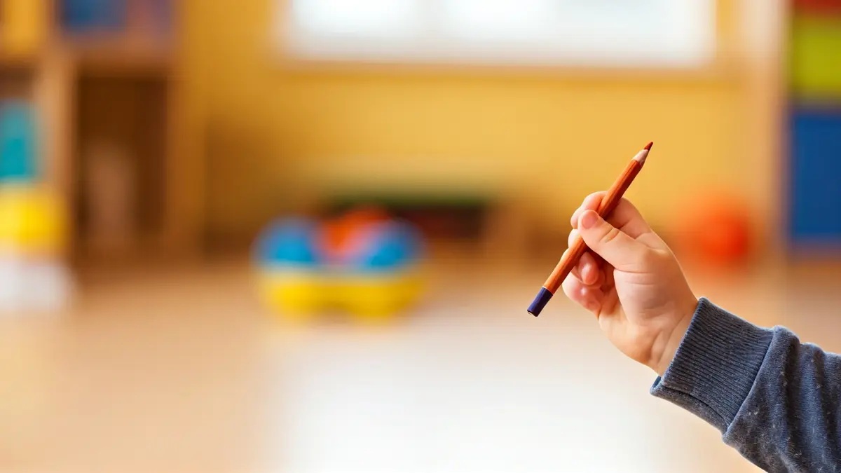 Imagen genérica de una mano de niño con un lápiz de color en un entorno escolar.