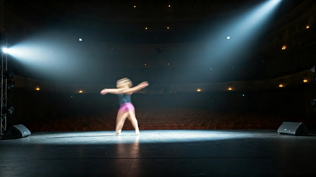 Generic image of a dance stage with a dancer in motion and artistic lighting.