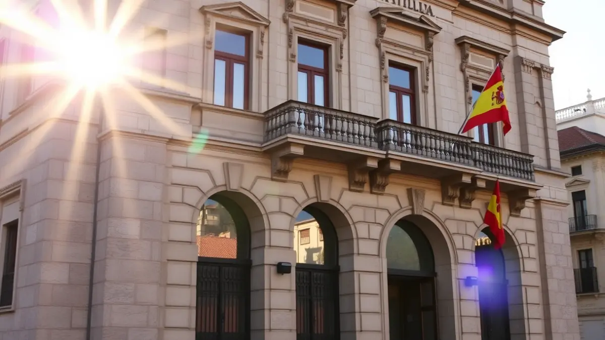 Fachada de la Real Casa de Correos en la Puerta del Sol, Madrid, durante un evento político.
