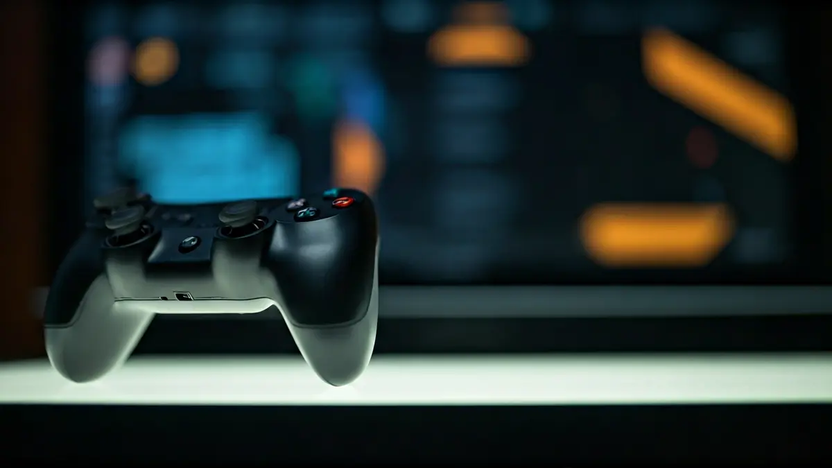 Imagen genérica de un mando de videojuego sobre un escritorio iluminado, con gráficos digitales borrosos de fondo.