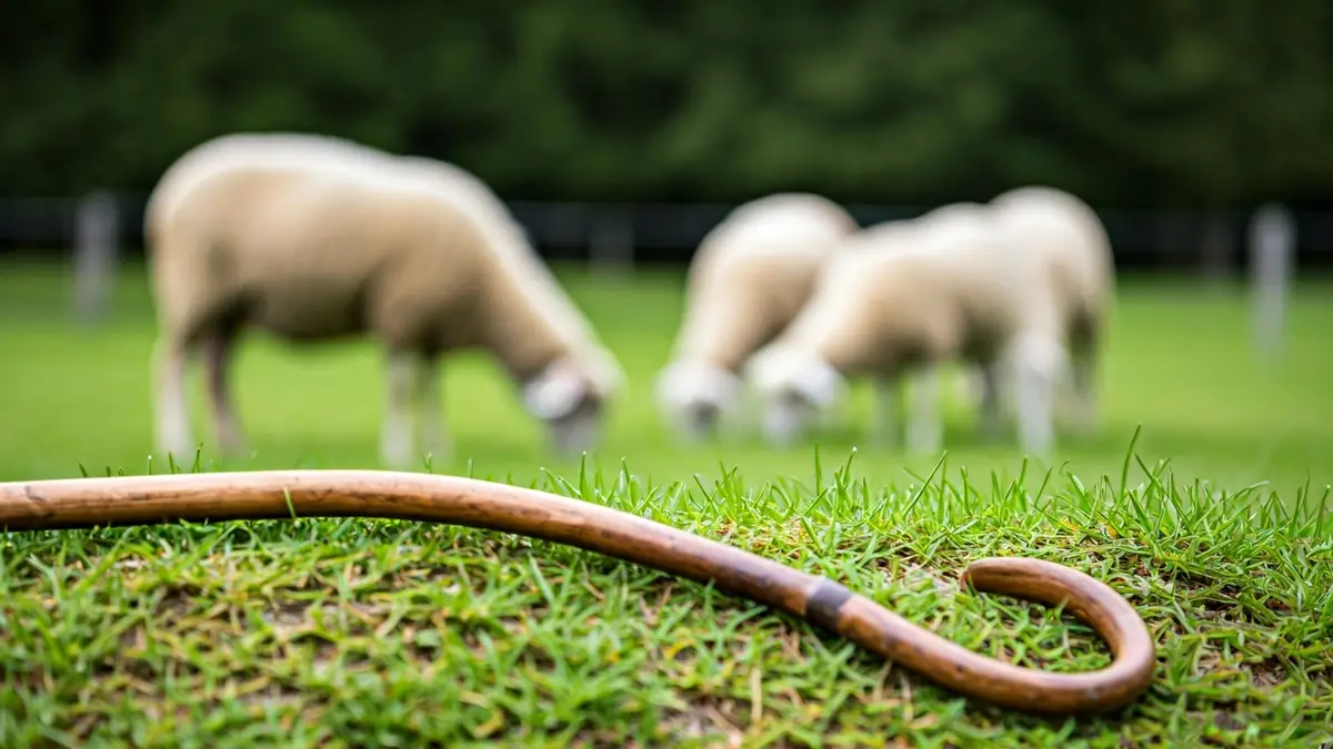 Generic image of a shepherd's crook on grass, with sheep grazing in the background.