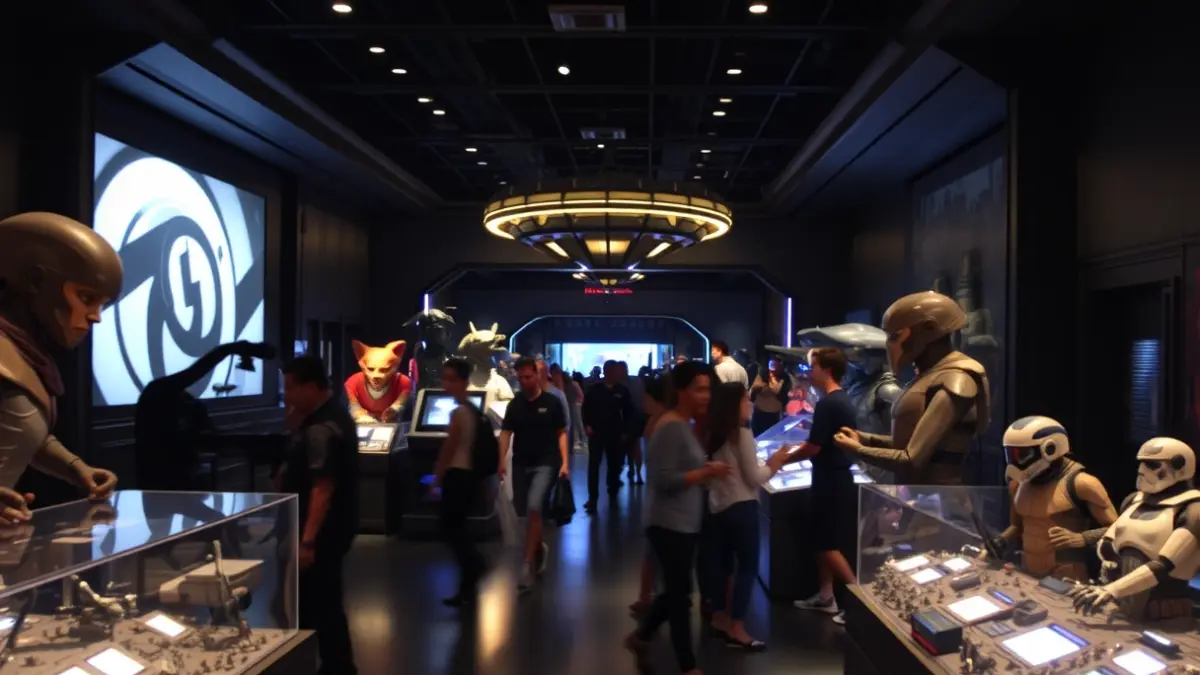 Imagen de una exposición interactiva de ciencia ficción con figuras a tamaño real y dioramas.