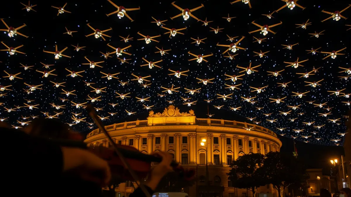Illuminated drone show in the night sky of Madrid, with a violinist in the foreground.