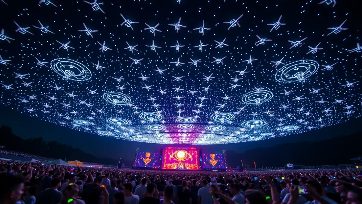 Illuminated drone show forming figures in the night sky over a racecourse.