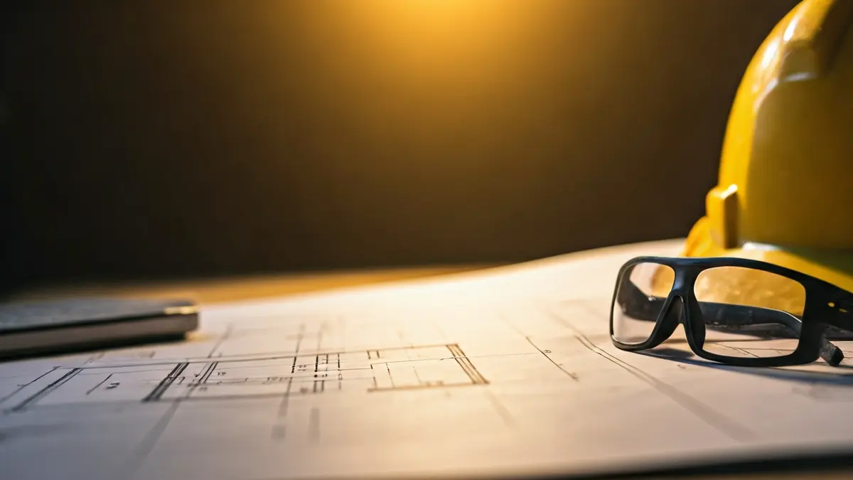 Imagen genérica de planos de construcción y equipo de seguridad, simbolizando el control de calidad en obras educativas.