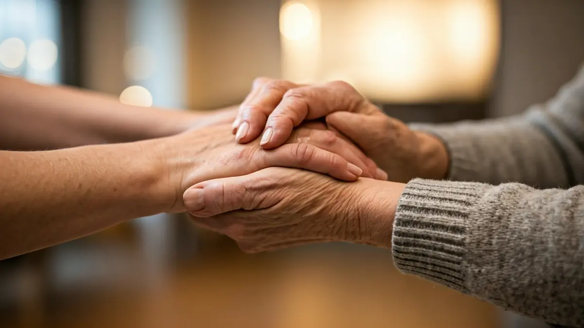 Elderly hands being held by younger hands, symbolizing care in a residential facility.