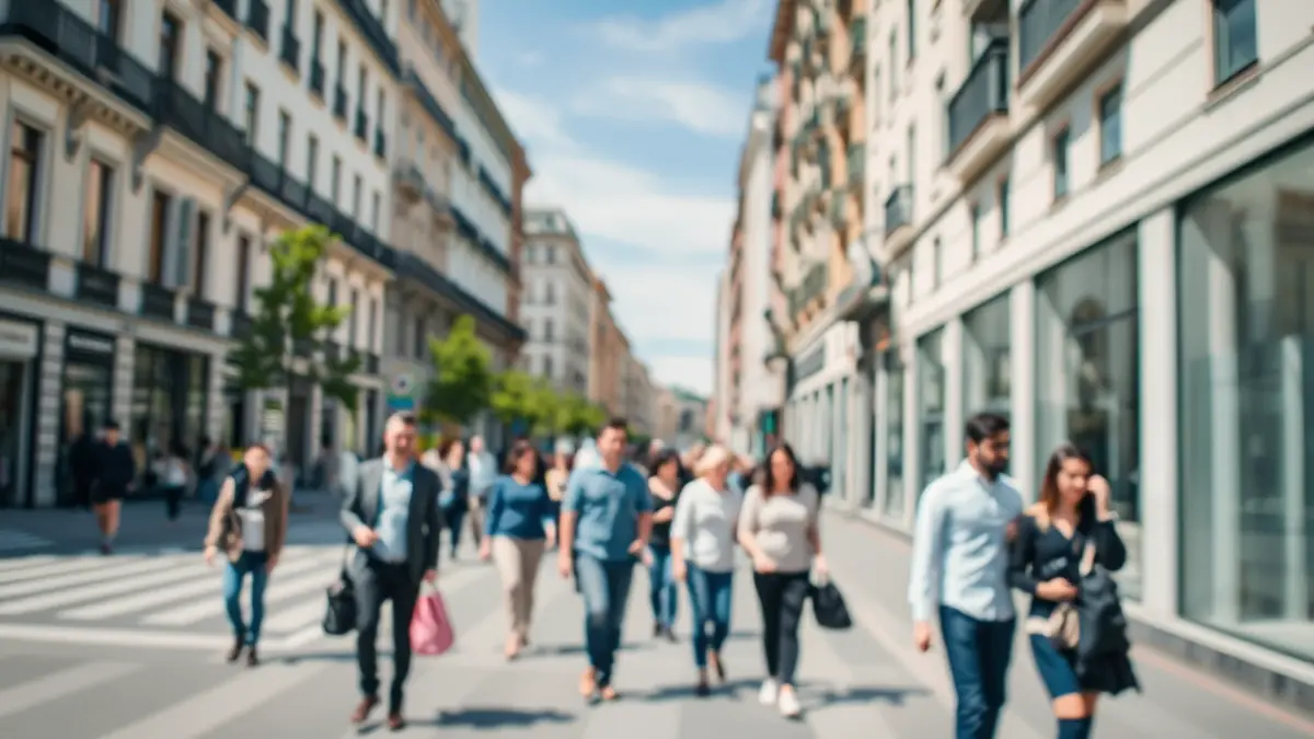 Imagen genérica de una calle moderna de Madrid con personas borrosas, transmitiendo una sensación de comunidad y bienestar.