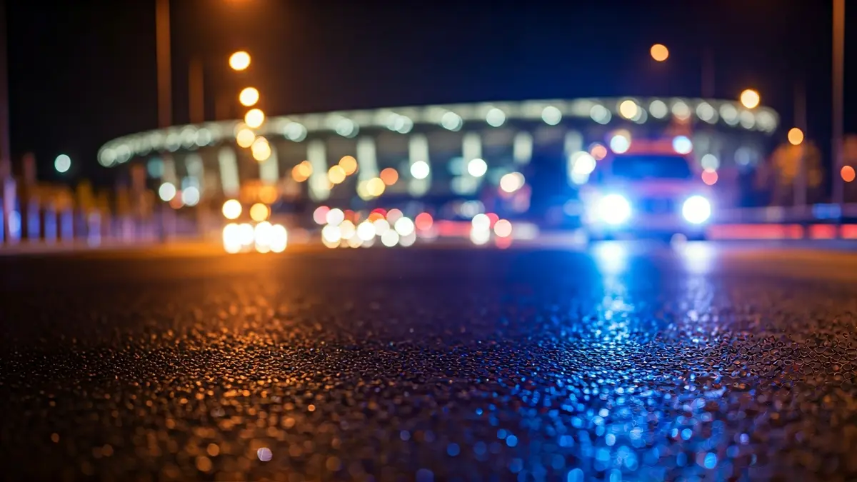 Generic image of emergency lights on wet asphalt, with a blurred stadium in the background.