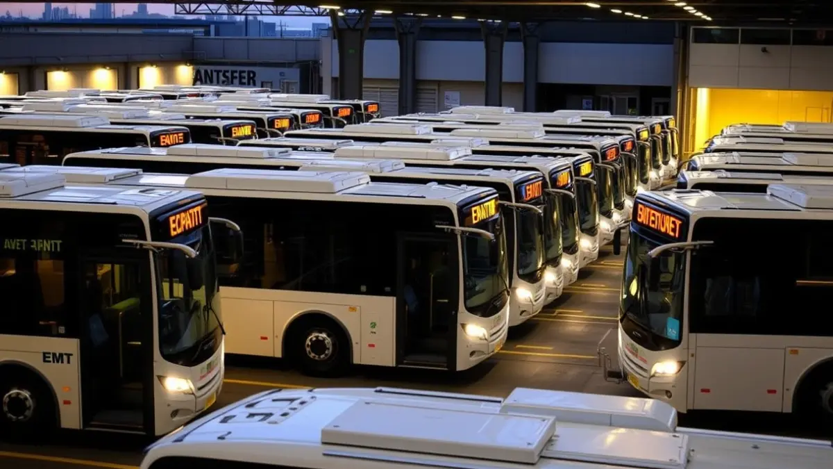 Generic image of city buses in a depot at dusk.