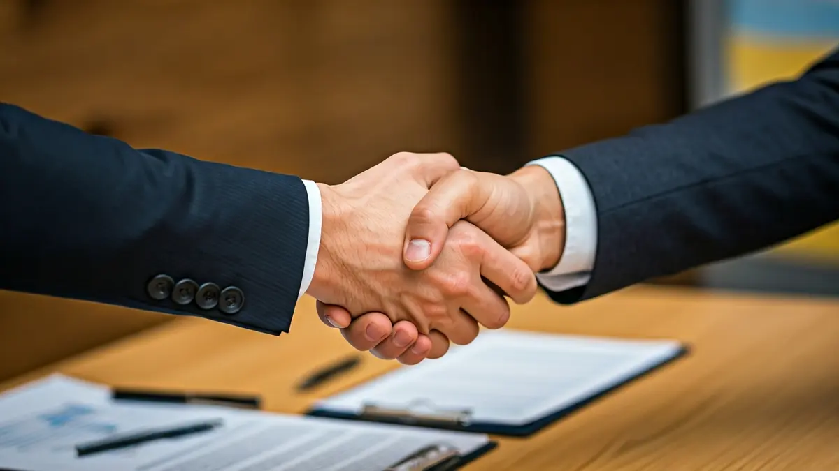 Generic image of a handshake over a desk, symbolizing entrepreneurship and business collaboration.