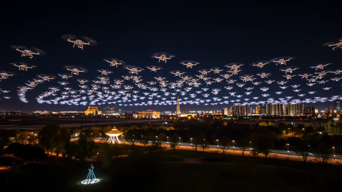 Image of drones illuminating the Madrid night sky with commemorative figures.