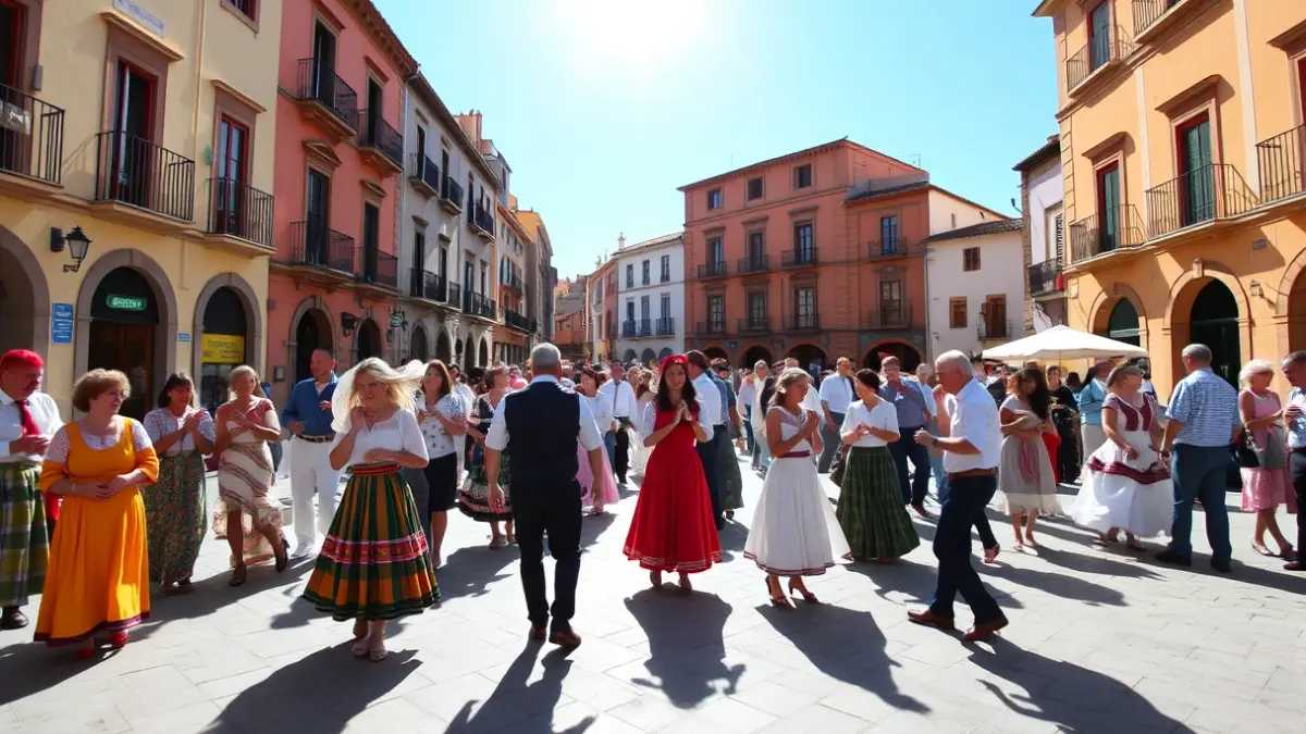 Imagen de personas bailando chotis en una plaza madrileña durante una celebración cultural.