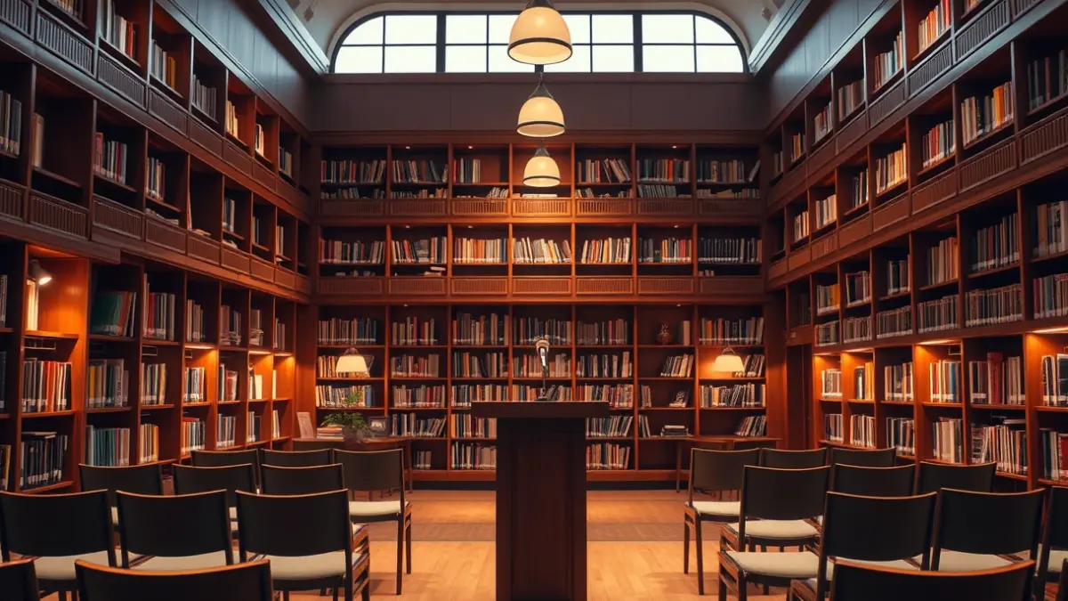 Generic image of a library interior with wooden bookshelves and a podium with a microphone.