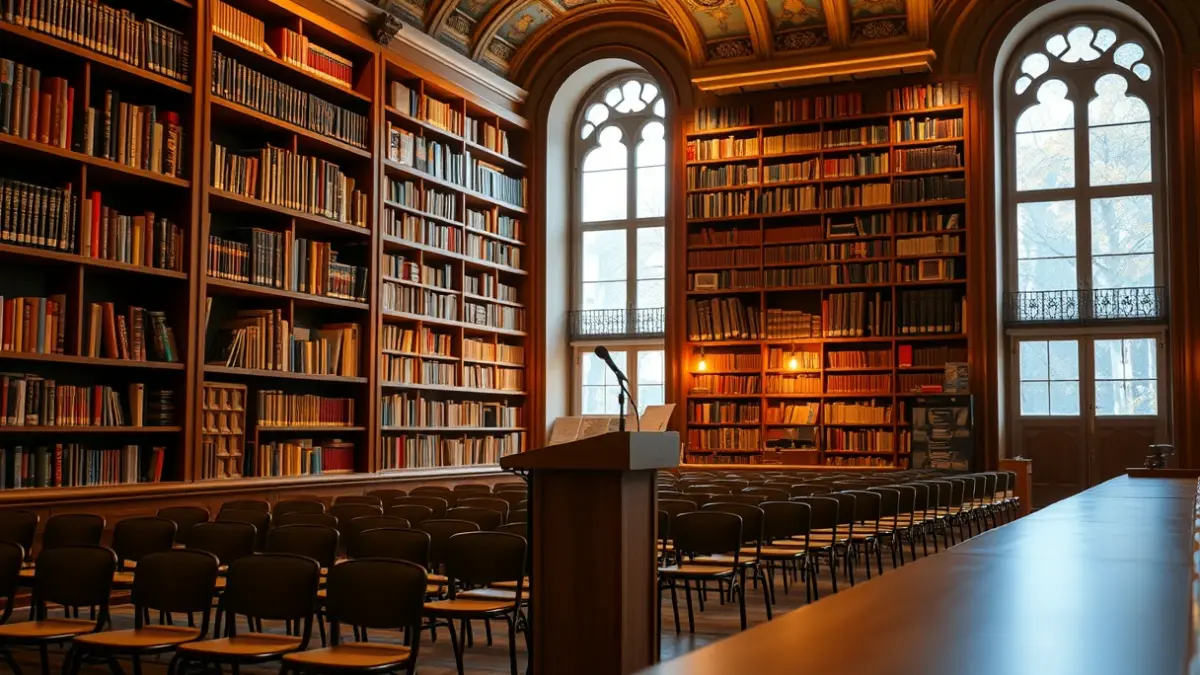 Imagen genérica de una biblioteca con estanterías de madera y un podio con micrófono, iluminada cálidamente.