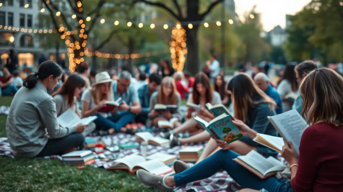 Imagen de un picnic literario al aire libre con personas leyendo y conversando.