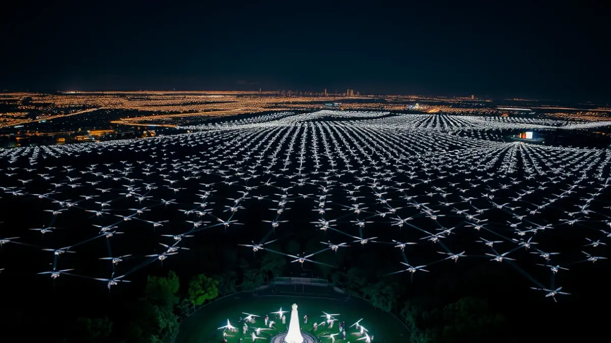Espectáculo de drones iluminando el cielo nocturno sobre un parque.
