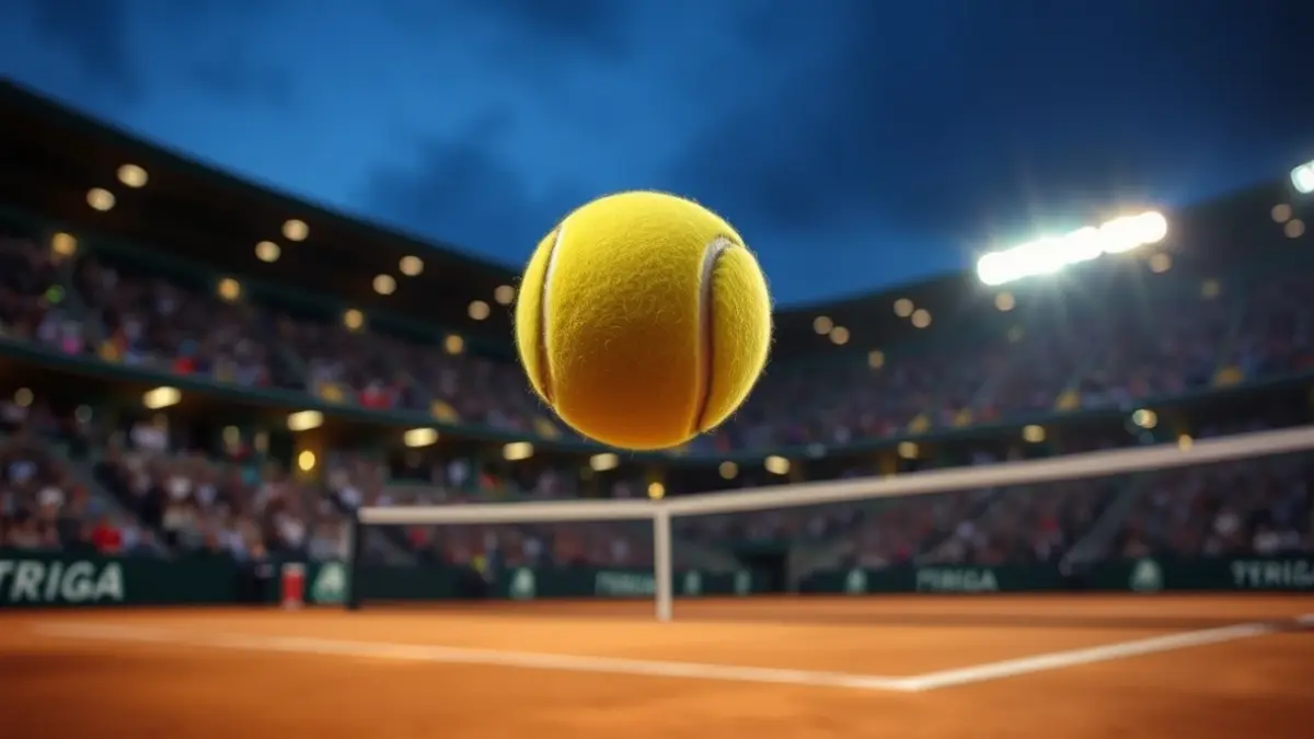 Generic image of a tennis ball on a clay court.