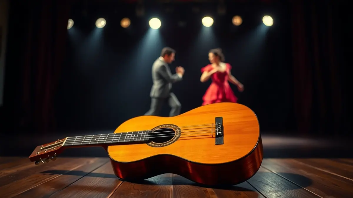 Imagen genérica de una guitarra española en un escenario, con luces cálidas.