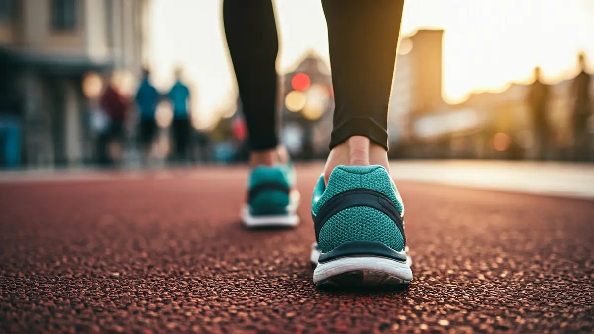 Imagen genérica de unas zapatillas de correr en una pista de asfalto, con una calle de la ciudad borrosa al fondo.