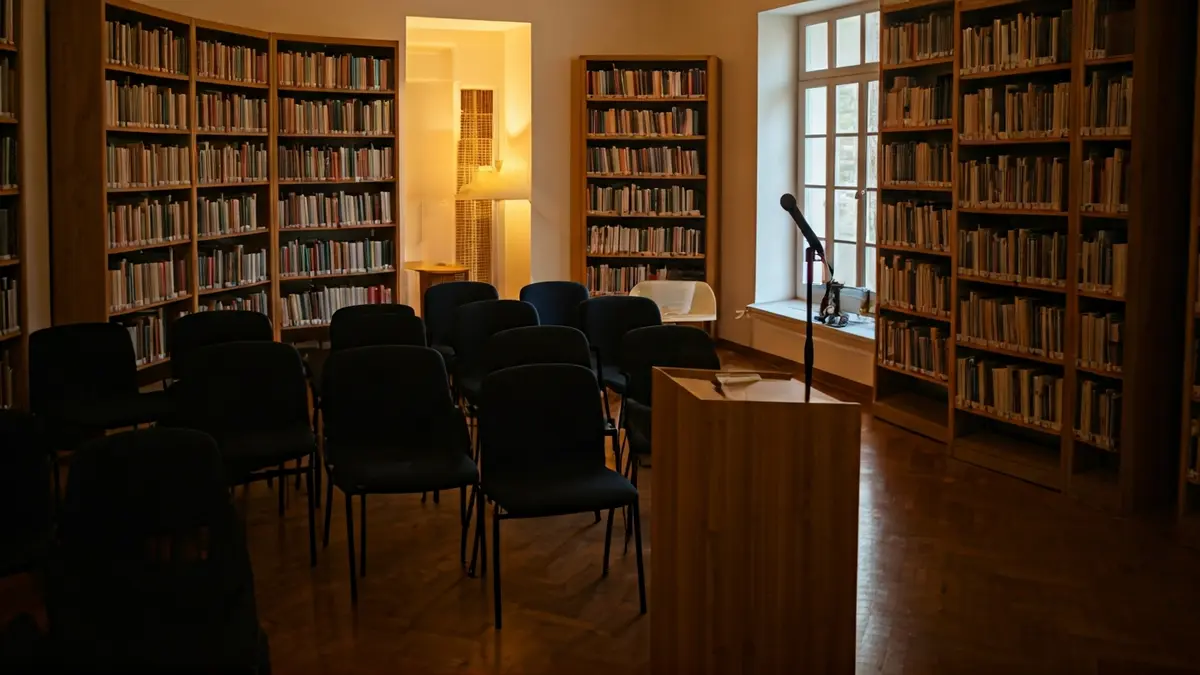 Generic image of a library with a podium and chairs, evoking a literary event.