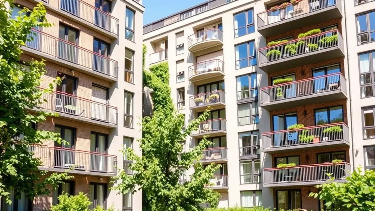 Image of a modern residential building with balconies and green areas.