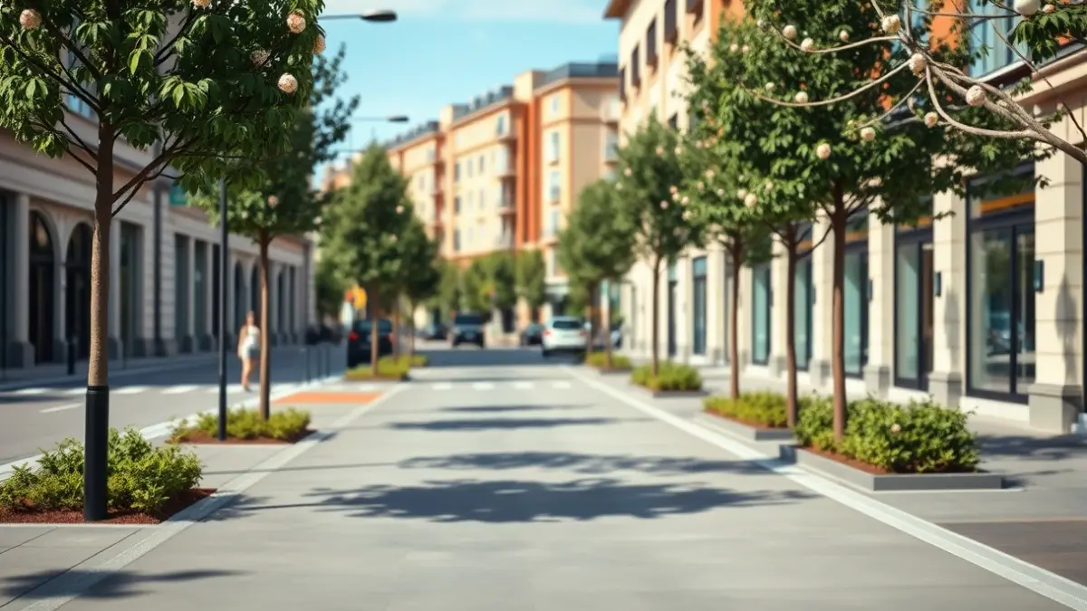 Imagen de una calle urbana renovada con aceras anchas y arbolado.