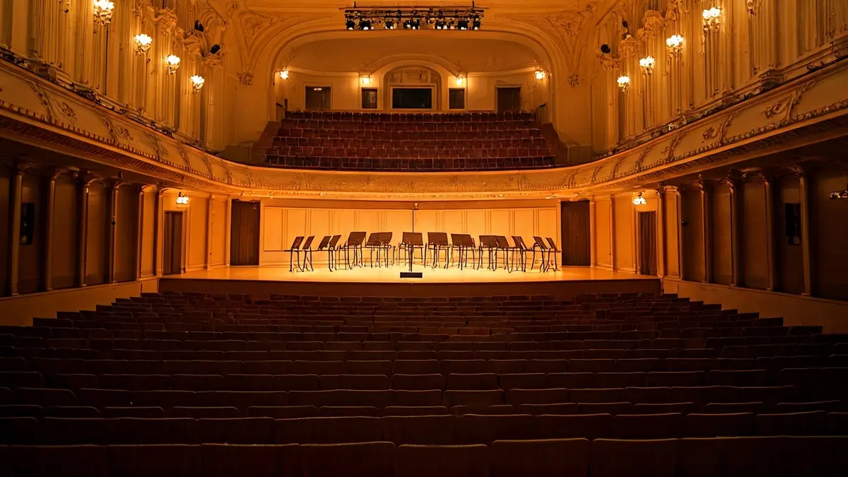 Imagen genérica de un auditorio de música clásica vacío, con un escenario iluminado y un micrófono, antes de un concierto.