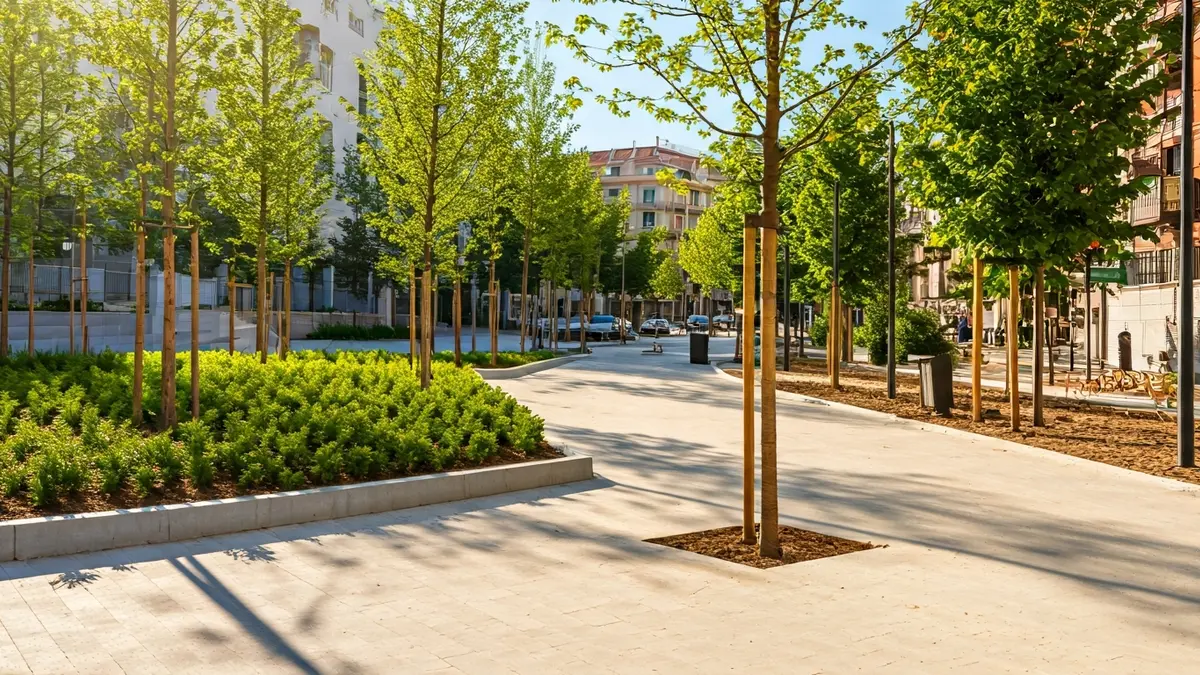 Imagen genérica de un parque urbano recién ajardinado con senderos y vegetación.