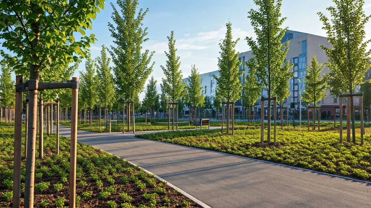 Imagen genérica de un parque urbano recién ajardinado con árboles y arbustos.