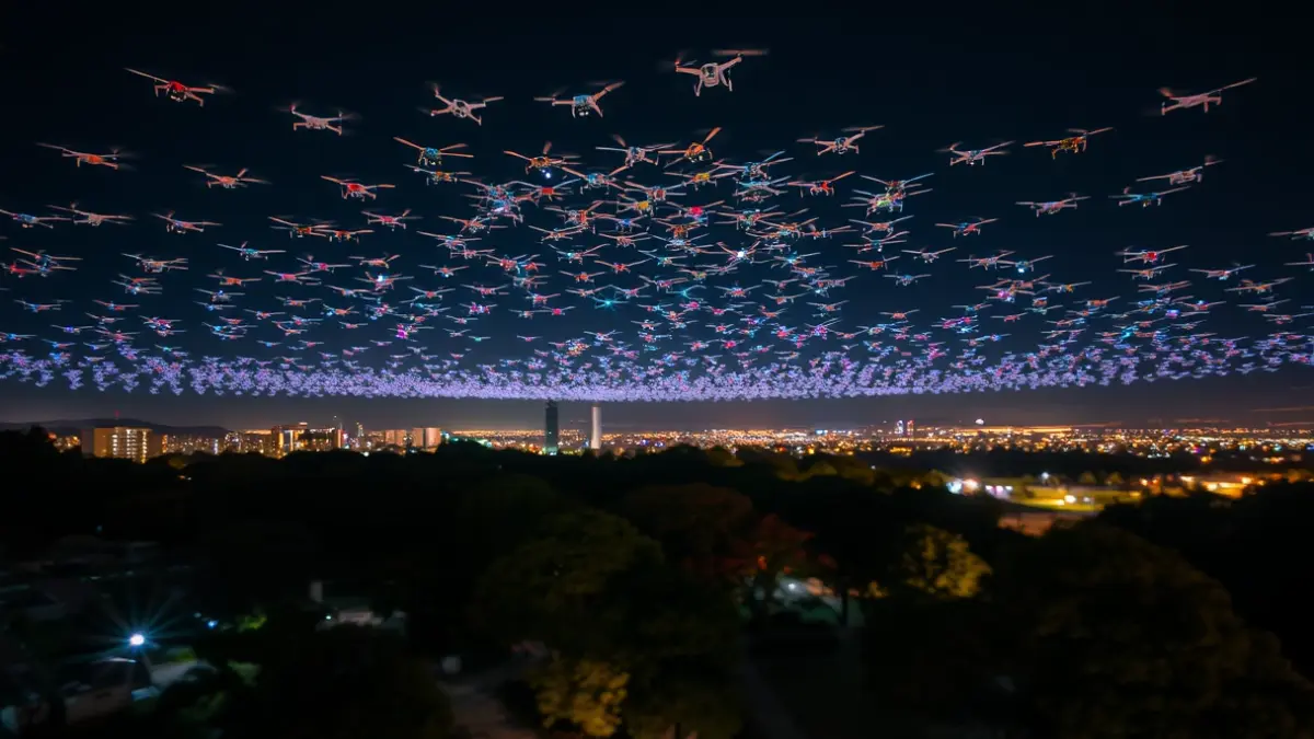 Espectáculo de drones iluminando el cielo nocturno de Madrid.