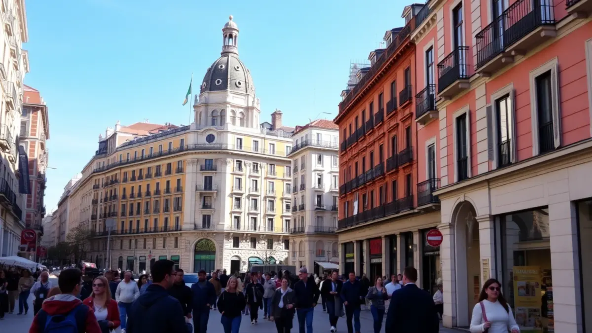 Imagen de una calle concurrida en Madrid, reflejando su ambiente peatonal.