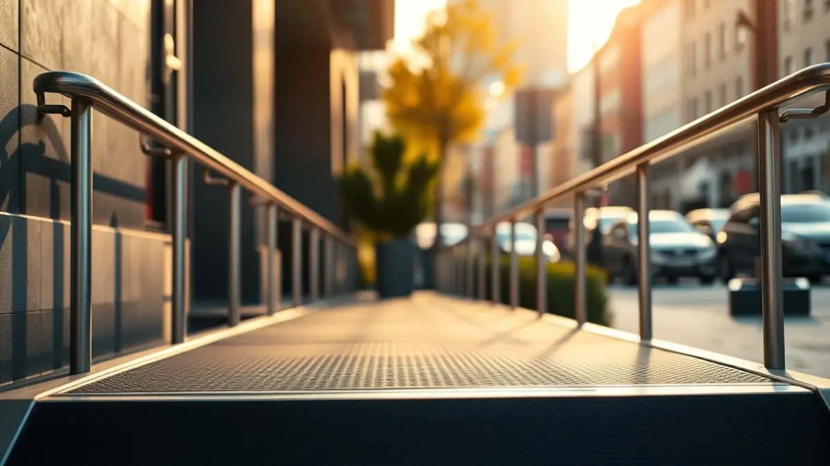 Generic image of a wheelchair ramp at a building entrance in an urban setting.