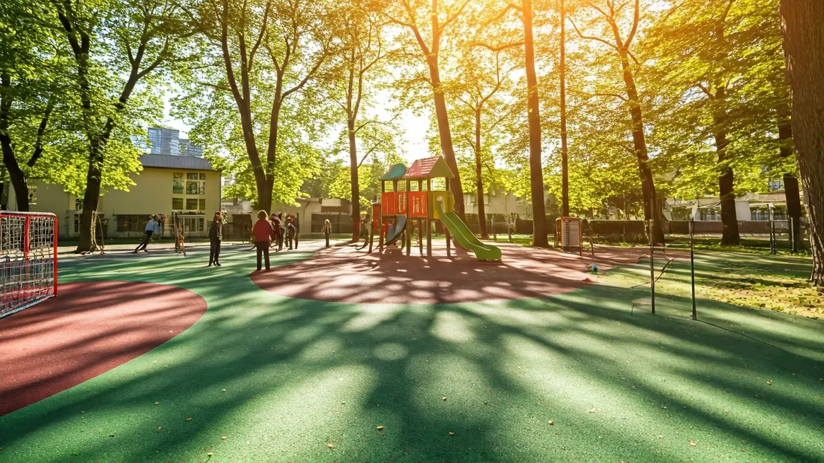 Imagen genérica de un patio escolar con niños jugando y equipamiento deportivo.