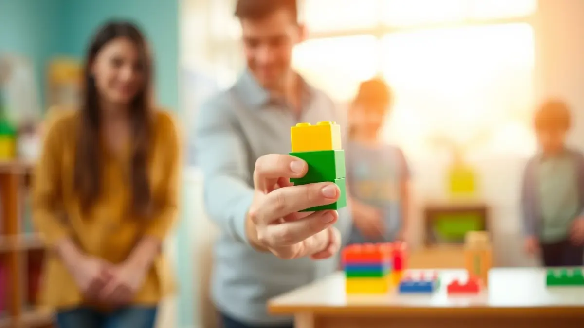 Imagen genérica de una mano de niño pequeño jugando con bloques de construcción, con figuras borrosas de padres y un aula al fondo.