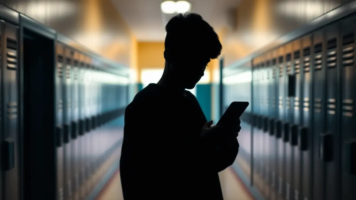 Imagen genérica de un joven mirando un smartphone en un entorno escolar, simbolizando los desafíos de salud mental y adicciones.