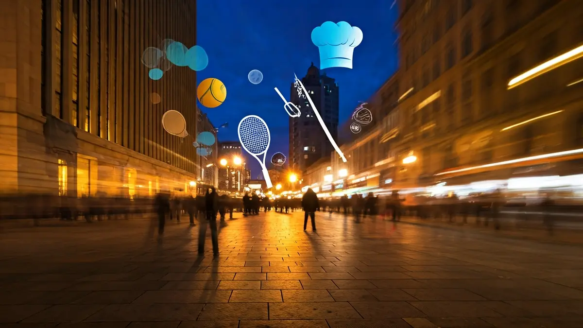 Abstract image representing the cultural, sports, and gastronomic diversity of a city, with symbolic elements and blurred lights.