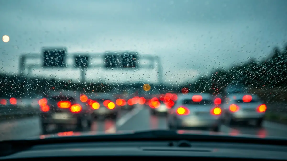 Generic image of traffic on a rainy highway at dusk.