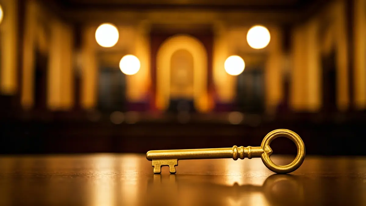 Generic image of a golden key on a wooden table, with a blurred background of a municipal building.
