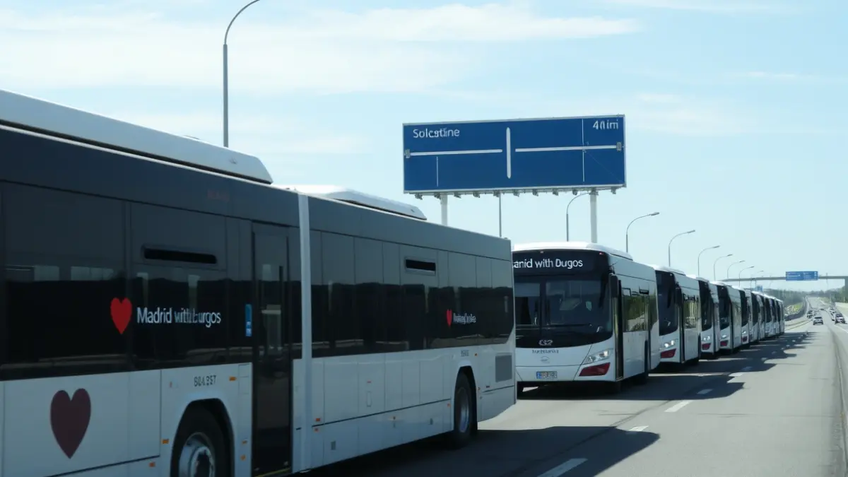 Convoy de autobuses de la EMT de Madrid en camino hacia Burgos.