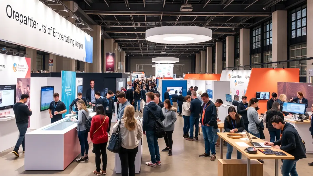 Jóvenes participando en talleres interactivos en una feria de formación profesional.