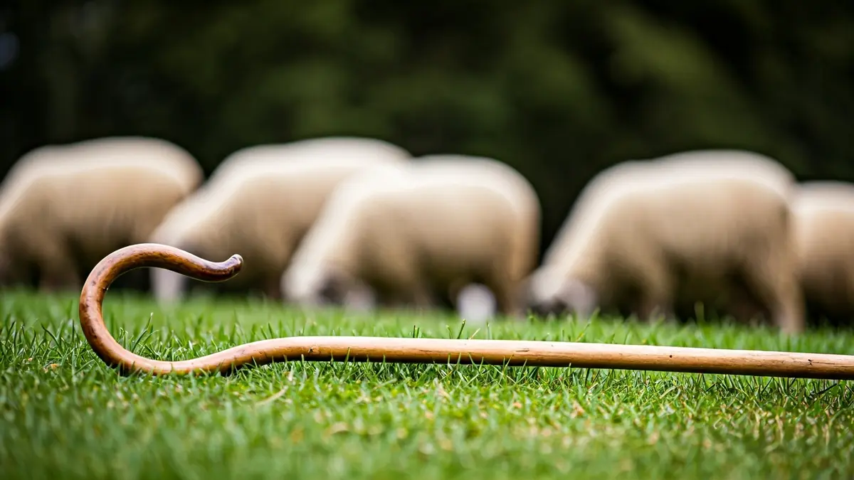 Generic image of a shepherd's crook on grass, with blurred sheep in the background.