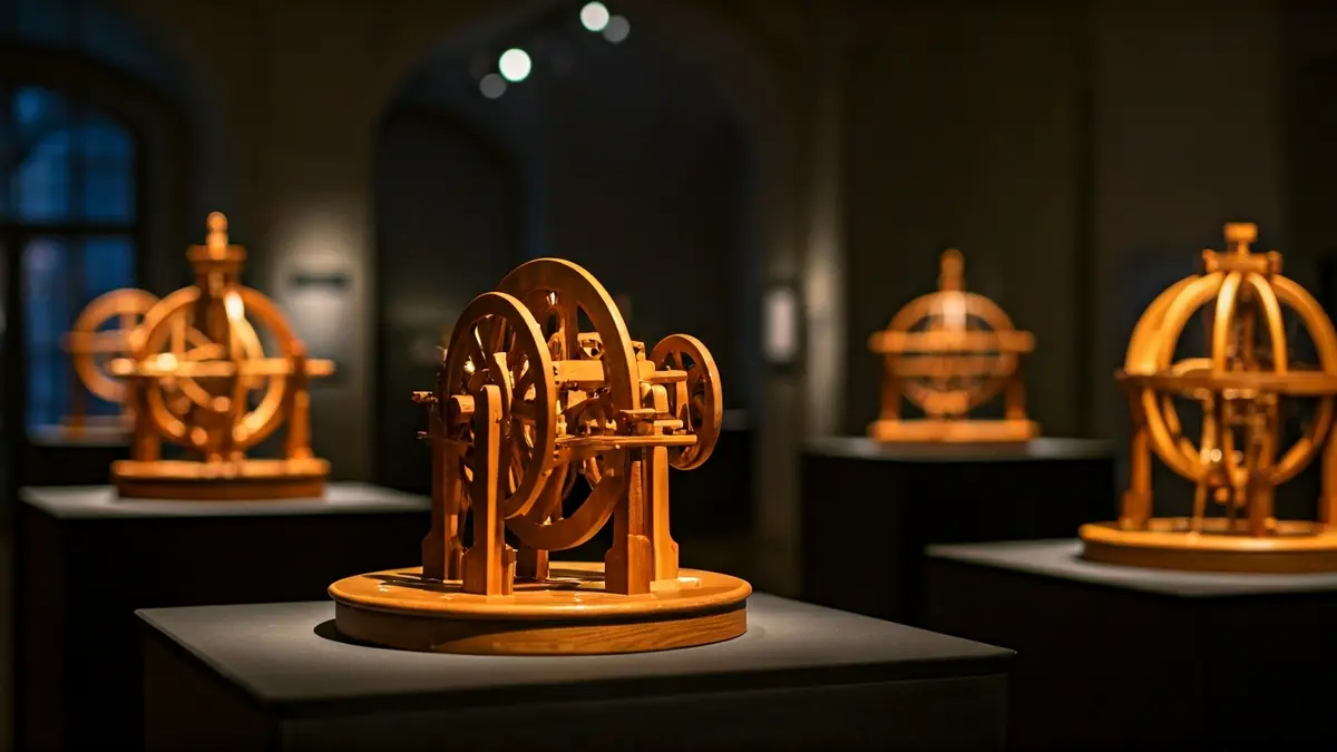 Replicas of Leonardo da Vinci's inventions in a museum.