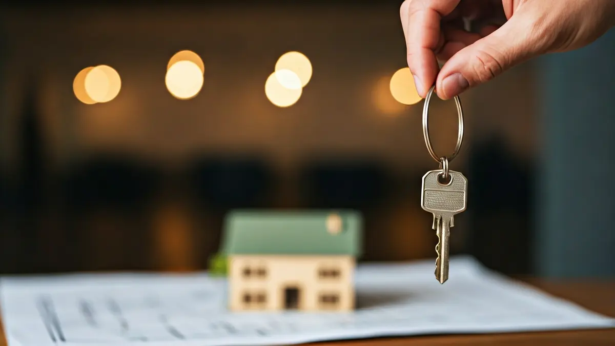 Generic image of a hand holding a house key, with architectural plans in the background.