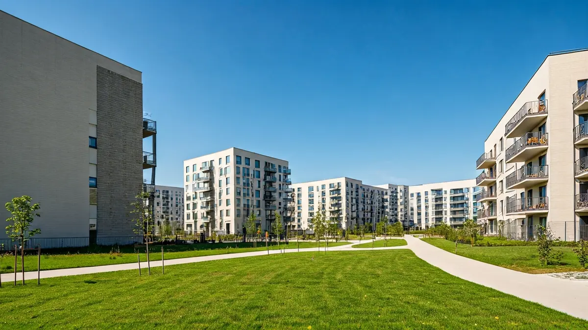 Generic image of modern residential buildings with green areas in a new urban development.
