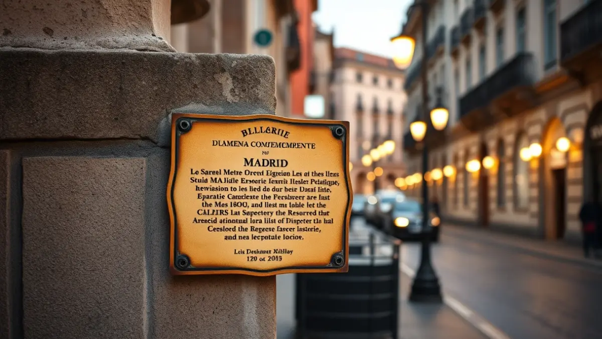 Placa conmemorativa en una calle histórica de Madrid.