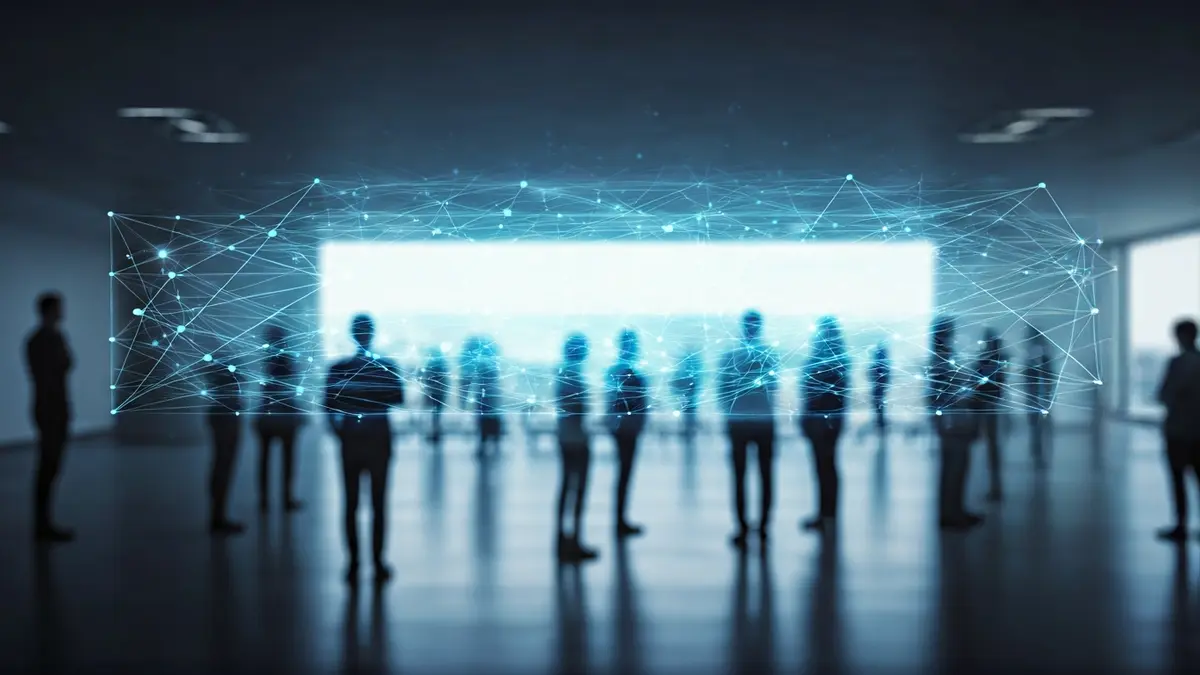 Imagen genérica de inteligencia artificial y flujo de datos en un entorno de oficina moderno.