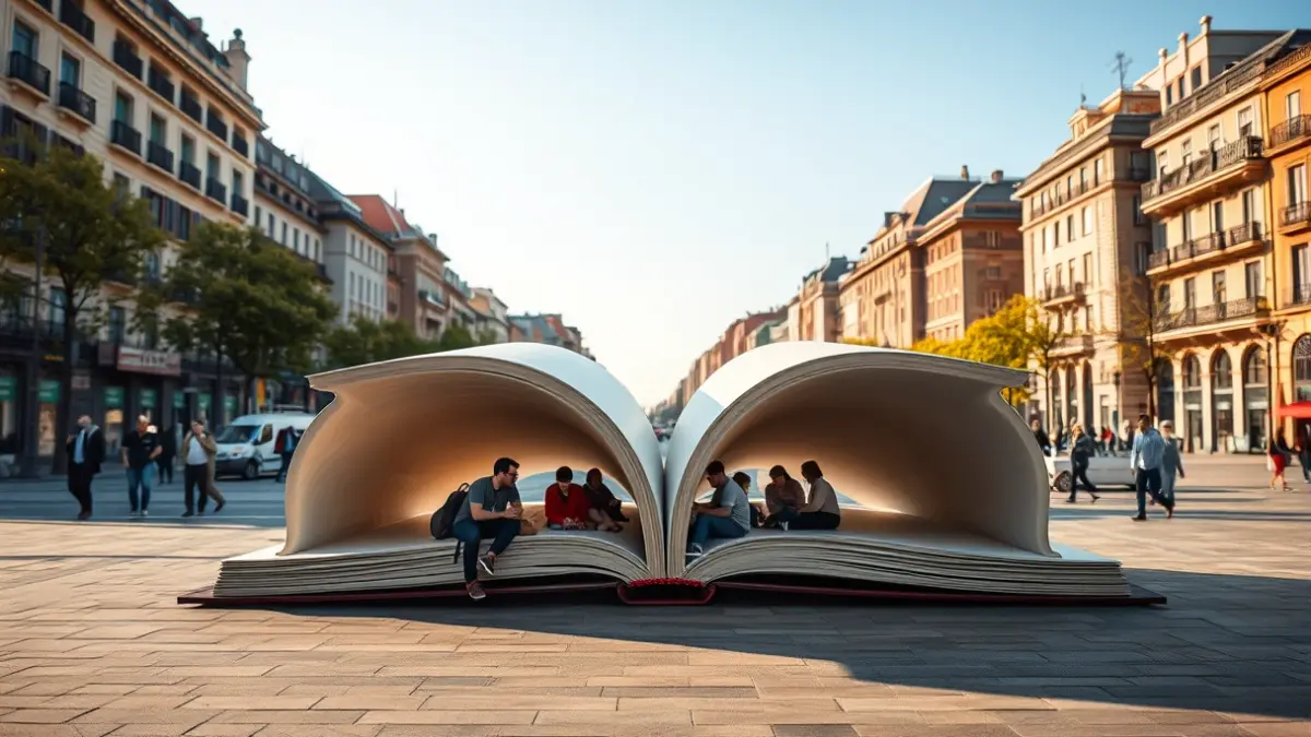 Image of an open book-shaped bench in a Madrid square, part of a reading promotion campaign.