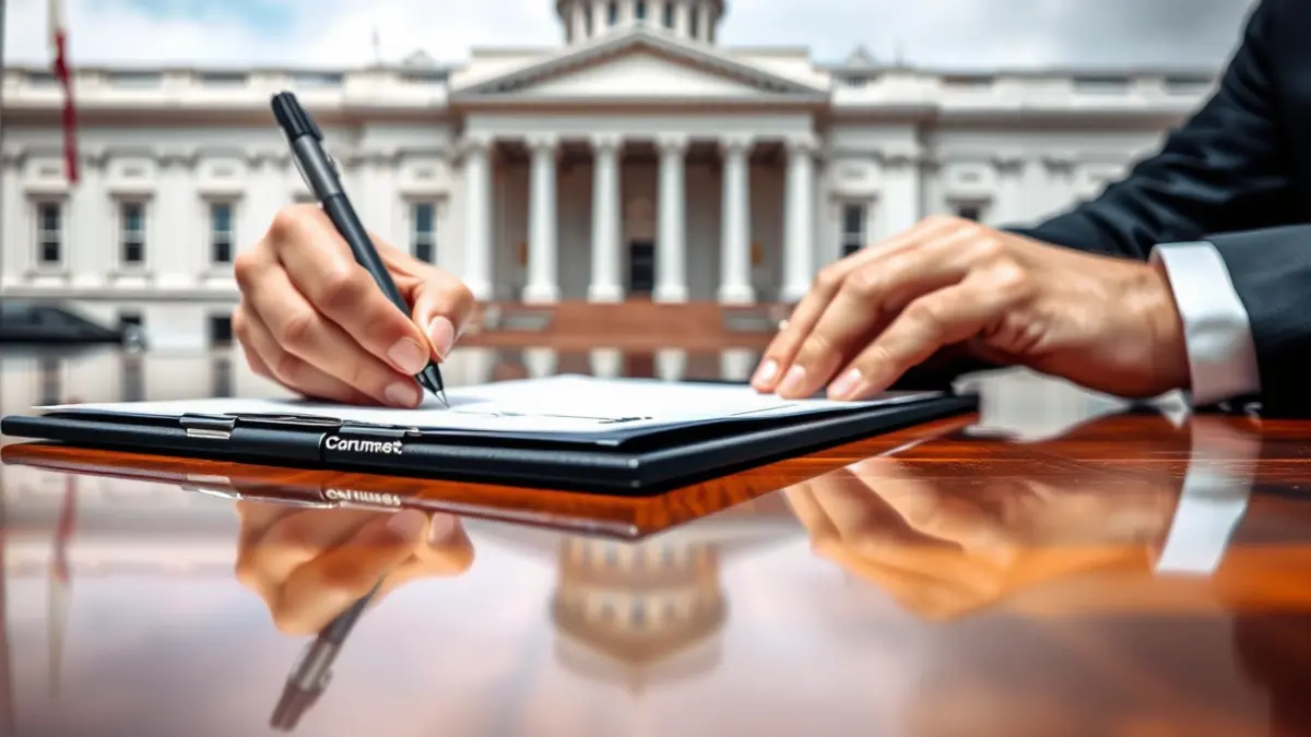 Imagen genérica de manos firmando un documento oficial, simbolizando la aprobación de una ley.