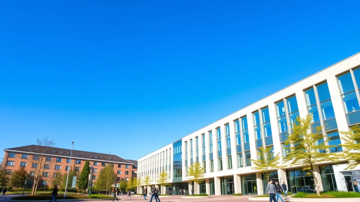 Imagen genérica de un campus universitario moderno bajo un cielo azul.