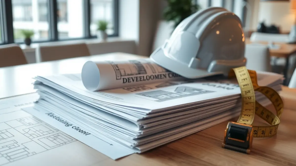 Generic image of construction blueprints and architect tools, symbolizing housing development.